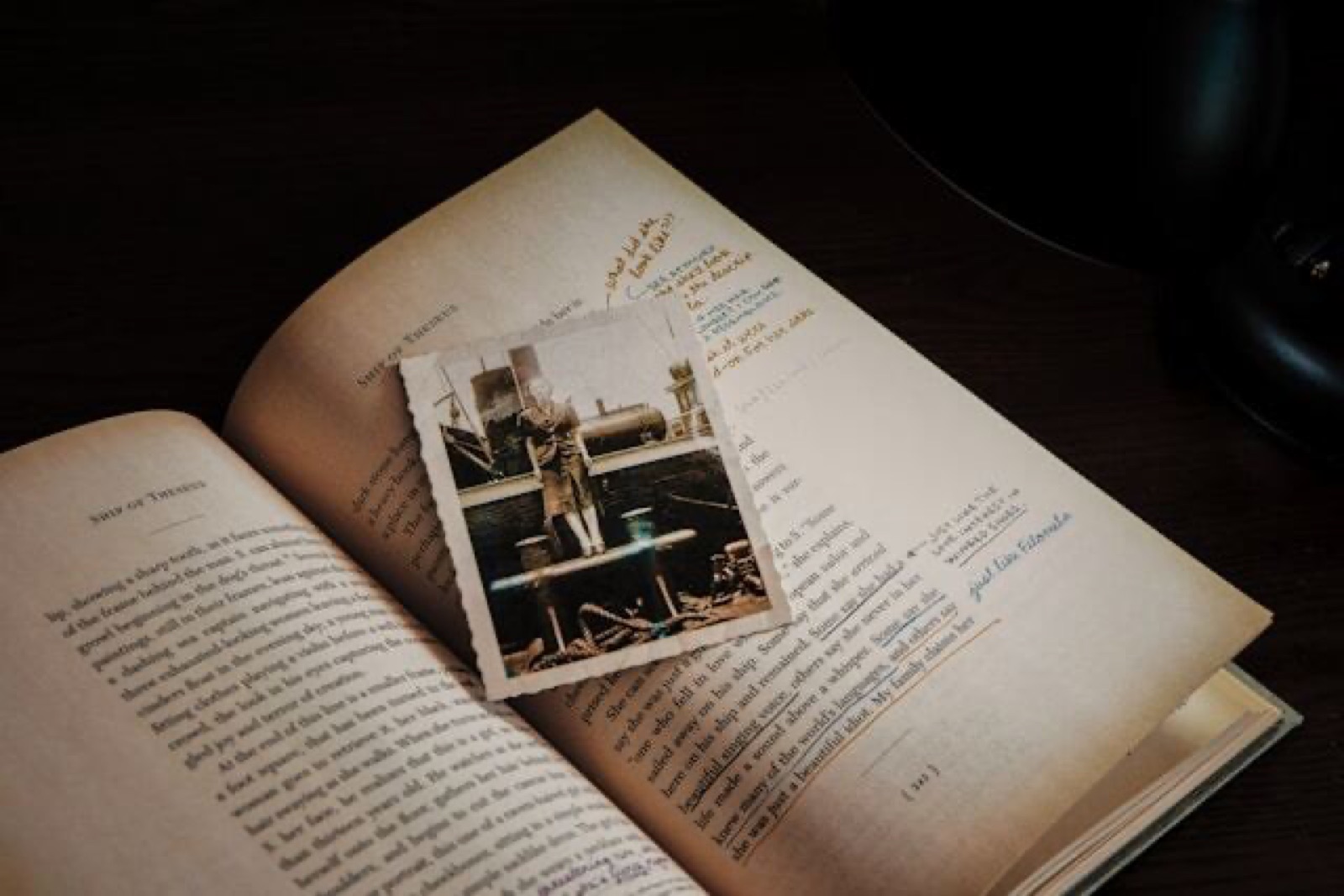 Notebook with handwritten questions and old photographs